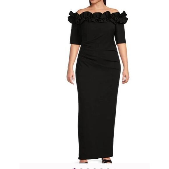 NWOT Xscape Ruffled Off-the-Shoulder Short Sleeve Crepe Sheath Gown – Size 18 - Picture 1 of 16